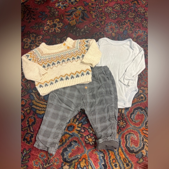 Baby boy lot fair isle sweater, corduroys, striped one piece fleece bear hat - Picture 4 of 16